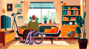 Tekerlekli sandalyedeki engelli yaşlı adam televizyon seyrediyor rehabilitasyon konsepti modern oturma odası iç yatay vektör çizimi