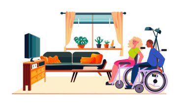 Tekerlekli sandalyeli engelli erkek kadın televizyon seyrediyor rehabilitasyon konsepti modern oturma odası iç yatay vektör çizimi