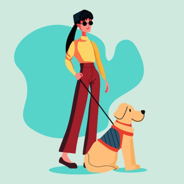 Gösterişli kadın rehber köpek asistanı hayvanla yürüyor kadın karakteri yönlendiriyor kendine güvenen engelli insanlar konsept tam boy vektör çizimi