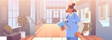 Steteskoplu kadın doktor üniformalı mutlu işçi bayramı kutlama konsepti modern klinik iç yatay vektör çizimi