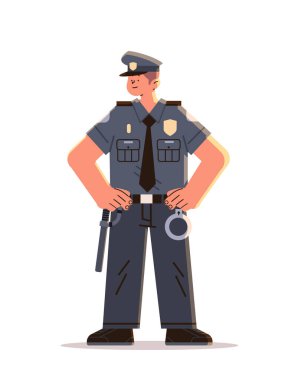 Polis memuru üniformalı polis memuru portresi Mutlu İşçi Bayramı kutlamaları konsepti dikey boy vektör illüstrasyonu