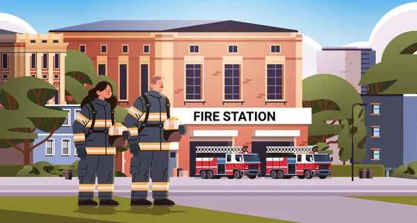 Firefighters Uniform Standing Fire Station Building Department House Facade Red — Stock Vector