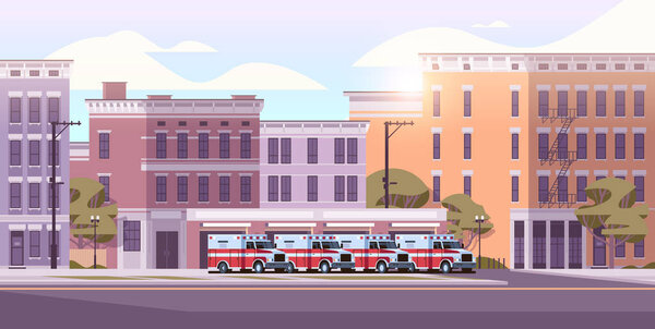 Фасад пожарной части здания пожарной части и красная иллюстрация горизонтального вектора автомобиля скорой помощи