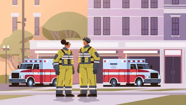 firefighters in uniform standing near fire station building department house facade and red emergency vehicles horizontal full length vector illustration