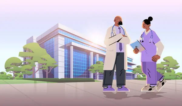 Man Woman Doctors Stethoscopes Walking Hospital Building Medical Workers Uniform — Stock Vector