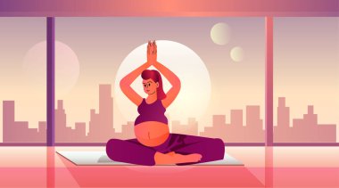 Nilüferde oturan hamile bir kadın müstakbel anneye hamilelik egzersizleri, annelik beklentisi sağlıklı yaşam tarzı konsepti modern yoga stüdyosu iç yatay vektör çizimi sunuyor.