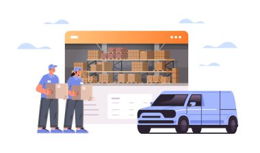 Karton kutular taşıyan teslimatçılar, paket taşıyan kuryeler teslimat servisi mutlu işçi bayramı kutlaması konsepti yatay vektör illüstrasyonu