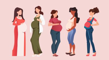 Müstakbel annelerin kucak kucağa kucak açması, hamilelik beklentisi, yatay vektör çizimi.