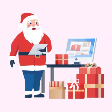 Kırmızı kostümlü ve şapkalı Noel Baba. Noel arifesinde el hareketi yapıp yeni yıl kutlaması için vektör illüstrasyonunu kutluyoruz.