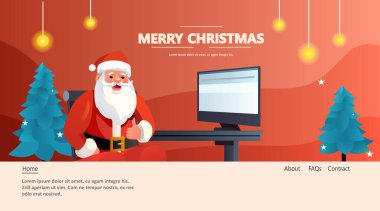 Kırmızı kostümlü ve şapkalı Noel Baba, Noel arifesinde başparmağıyla iş yerinde oturuyor. Yeni yıl kutlamaları, fotokopi uzay portresi çizimleri.