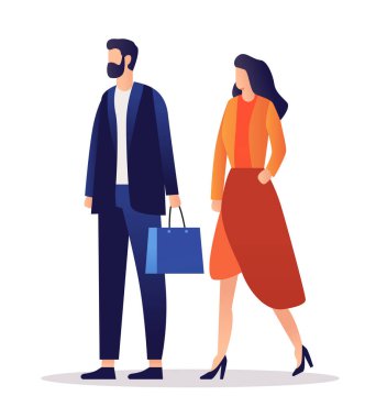 Moda kıyafetleri içinde elinde alışveriş çantaları olan insanlar büyük satış sezonunda indirimli tanıtım indirimi yapıyorlar.