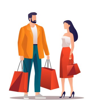 Moda kıyafetleri içinde elinde alışveriş çantaları olan insanlar büyük satış sezonunda indirimli tanıtım indirimi yapıyorlar.