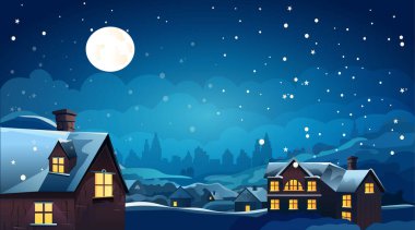 Karanlık gökyüzünde dolunayı olan gece köyü evleri yeni yılı kutluyor yatay fotokopi uzay vektör çizimi