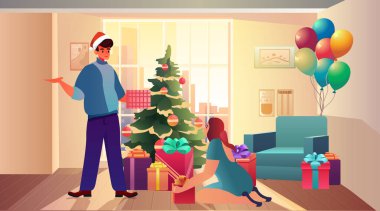 Modern oturma odasında Noel ağacını süsleyen erkek çift yeni yılı kutluyor. Yatay vektör çizimi.
