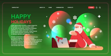 Kırmızı kostümlü Noel Baba yerde oturuyor ve dizüstü bilgisayarı kullanıyor mutlu yıllar Noel kutlaması konsepti fotokopi uzay vektör illüstrasyonu