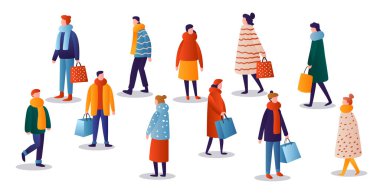 Kışlık giysiler içinde elinde alışveriş poşetleri olan insanlar büyük satış sezonunda indirimli indirimli yatay uzunlukta izole edilmiş vektör ilüstrasyonları sunuyorlar.