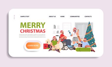 Terapi sırasında psikoterapi gören engelli erkek erkek kadın Noel Baba şapkası takıyor zihinsel sağlık desteği alıyor engelli insanlar noel kutlaması konsepti yatay fotokopi alanı vektörü