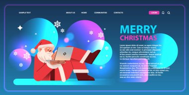 Sırtüstü yatıp dizüstü bilgisayarda yazan kırmızı kostümlü Noel Baba mutlu yıllar Noel kutlaması konsepti fotokopi uzay vektör çizimi