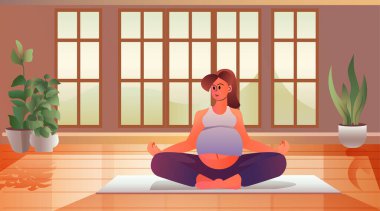 Nilüfer çiçekli hamile kadın pozu ve yoga egzersizi hamilelik beklentisi modern oturma odası iç yatay vektör çizimi