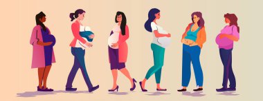 Melez ırk hamile kadınların bir araya gelip hamilelik beklentisi konsepti yatay vektör illüstrasyonunu tartışması.