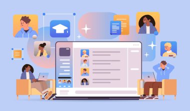 Yarış öğrencileri grubunun online video görüşmesi sırasında laptop ekranı sanal konferans eğitimi gününde canlı Webinar e-öğrenim kavramı yatay vektör ilülasyonu tartışması