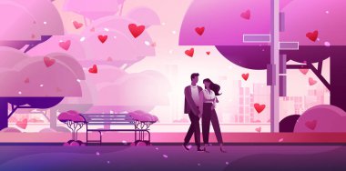 Erkek kadın aşıklar parkta kırmızı kalplerle yürüyorlar mutlu sevgililer günü kutlama konsepti şehir manzarası tam boy yatay vektör çizimi