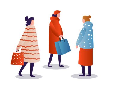 Kış kıyafetleri içinde kadınlar alışveriş torbaları taşıyorlar. Büyük indirim, promosyon indirimi, yatay, izole edilmiş vektör illüstrasyonu.