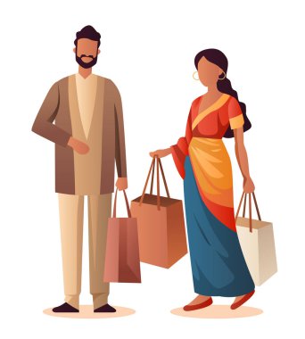 Geleneksel giysiler içinde Hintli erkek çift ellerinde alışveriş çantaları büyük indirim sezonu özel indirimi tam boy izole vektör illüstrasyonu