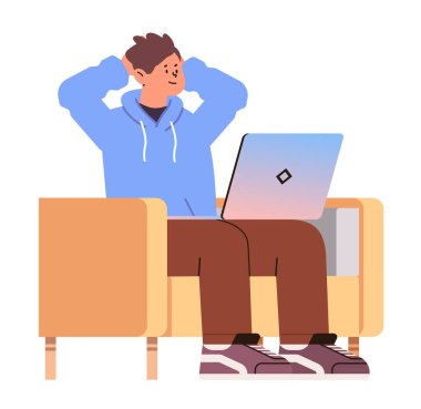 Erkek öğrenci dizüstü bilgisayar eğitimi gününde ücretsiz online dersler izliyor. Webinar e-öğrenim konsept vektör ilülasyonu