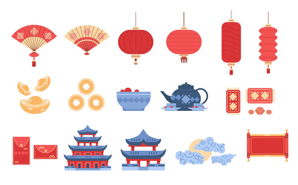 китайские иконки установить фарфор знак нового года для поздравительной открытки азиатский флаер приглашения плакат горизонтальный вектор иллюстрации