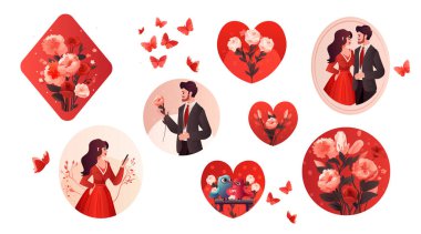 Mutlu Sevgililer Günü kutlama çıkartmaları koleksiyonunu yatay vektör illüstrasyonuna ayarla