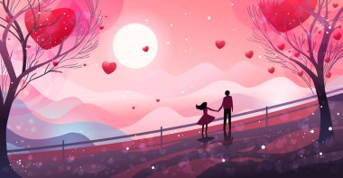 Erkek kadın aşıklar parkta kırmızı kalplerle yürüyorlar mutlu sevgililer günü kutlamaları konsepti arka plan tam boy yatay vektör çizimi