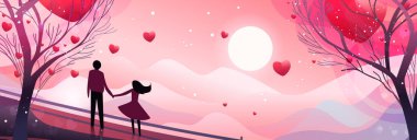 Erkek kadın aşıklar parkta kırmızı kalplerle yürüyorlar mutlu sevgililer günü kutlamaları konsepti arka plan tam boy yatay vektör çizimi