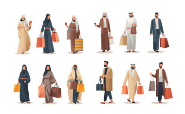 Geleneksel giysiler içinde Arap insanları ayarlayın alışveriş torbaları mevsimi büyük satış özel indirim yatay tam uzunlukta izole vektör ilüstrasyonu