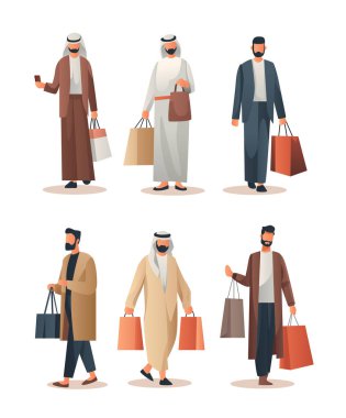 Geleneksel giysili Arap erkekleri alışveriş torbaları taşıyorlar. Büyük satış sezonu. İndirim indirimi, dikey uzunlukta izole edilmiş vektör ilüstrasyonu.