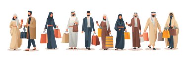 Geleneksel giysiler içinde elinde alışveriş poşetleri olan Arap halkı, büyük satış sezonu özel indirimli indirimli yatay uzunlukta izole edilmiş vektör ilüstrasyonu sunuyor.