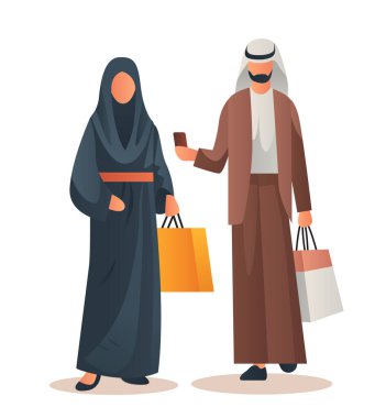Geleneksel giysiler içinde Arap erkek çift ellerinde alışveriş torbaları büyük indirim sezonu özel indirimi tam uzunlukta izole vektör illüstrasyonu