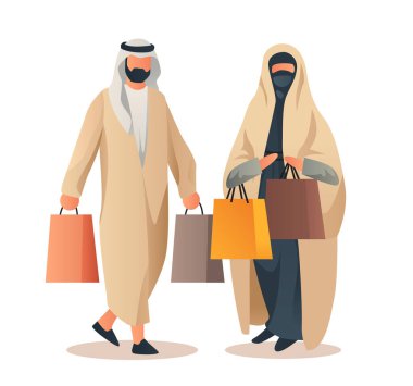 Geleneksel giysiler içinde Arap erkek çift ellerinde alışveriş torbaları büyük indirim sezonu özel indirimi tam uzunlukta izole vektör illüstrasyonu