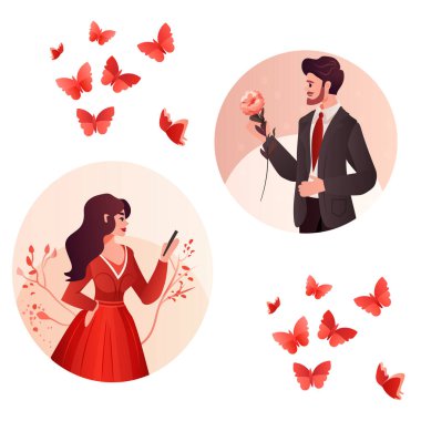 man woman lovers with flowers celebrating happy valentines day vector illustration clipart