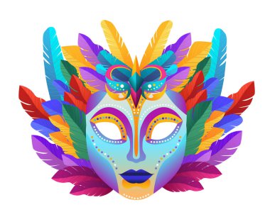 Renkli maske ikonu Brezilya festivali bayram kutlaması. Brezilya 'da festival havası dikey gösteriminde geleneksel karnaval partisi konseptini ve davetiye kültürünü selamlıyor.