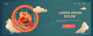 Çince ejderha ikonu burcunun yeni yılı tebrik kartı için Asya broşürü davetiyesi poster yatay fotokopi uzay çizimi