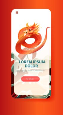 Çin 'de ejderha ikonu burcunun yeni yılı tebrik kartı için Asya broşürü davetiyesi poster dikey fotokopi uzay çizimi