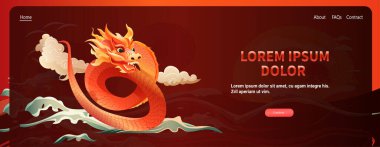 Çince ejderha ikonu burcunun yeni yılı tebrik kartı için Asya broşürü davetiyesi poster yatay fotokopi uzay çizimi