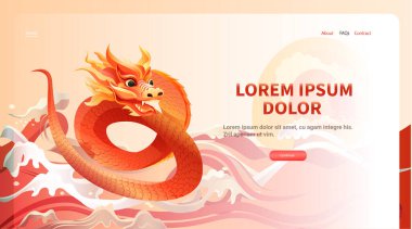 Çince ejderha ikonu burcunun yeni yılı tebrik kartı için Asya broşürü davetiyesi poster yatay fotokopi uzay çizimi