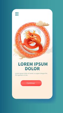 Çin 'de ejderha ikonu burcunun yeni yılı tebrik kartı için Asya broşürü davetiyesi poster dikey fotokopi uzay çizimi