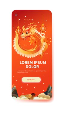 Çin 'de ejderha ikonu burcunun yeni yılı tebrik kartı için Asya broşürü davetiyesi poster dikey fotokopi uzay çizimi