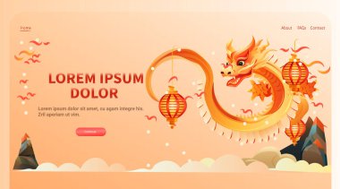 Çince ejderha ikonu burcunun yeni yılı tebrik kartı için Asya broşürü davetiyesi poster yatay fotokopi uzay çizimi