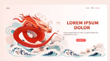 Çince ejderha ikonu burcunun yeni yılı tebrik kartı için Asya broşürü davetiyesi poster yatay fotokopi uzay çizimi