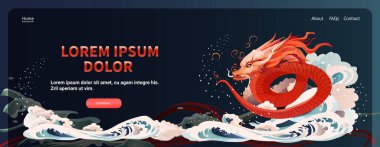 Çince ejderha ikonu burcunun yeni yılı tebrik kartı için Asya broşürü davetiyesi poster yatay fotokopi uzay çizimi