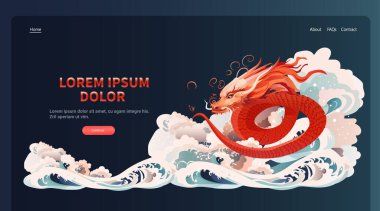 Çince ejderha ikonu burcunun yeni yılı tebrik kartı için Asya broşürü davetiyesi poster yatay fotokopi uzay çizimi